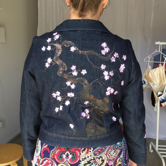 Sakura Bonsai Painted Glitter Denim Jacket - Kenneth Cole 12 - One of a Kind! - Picture 1 of 8